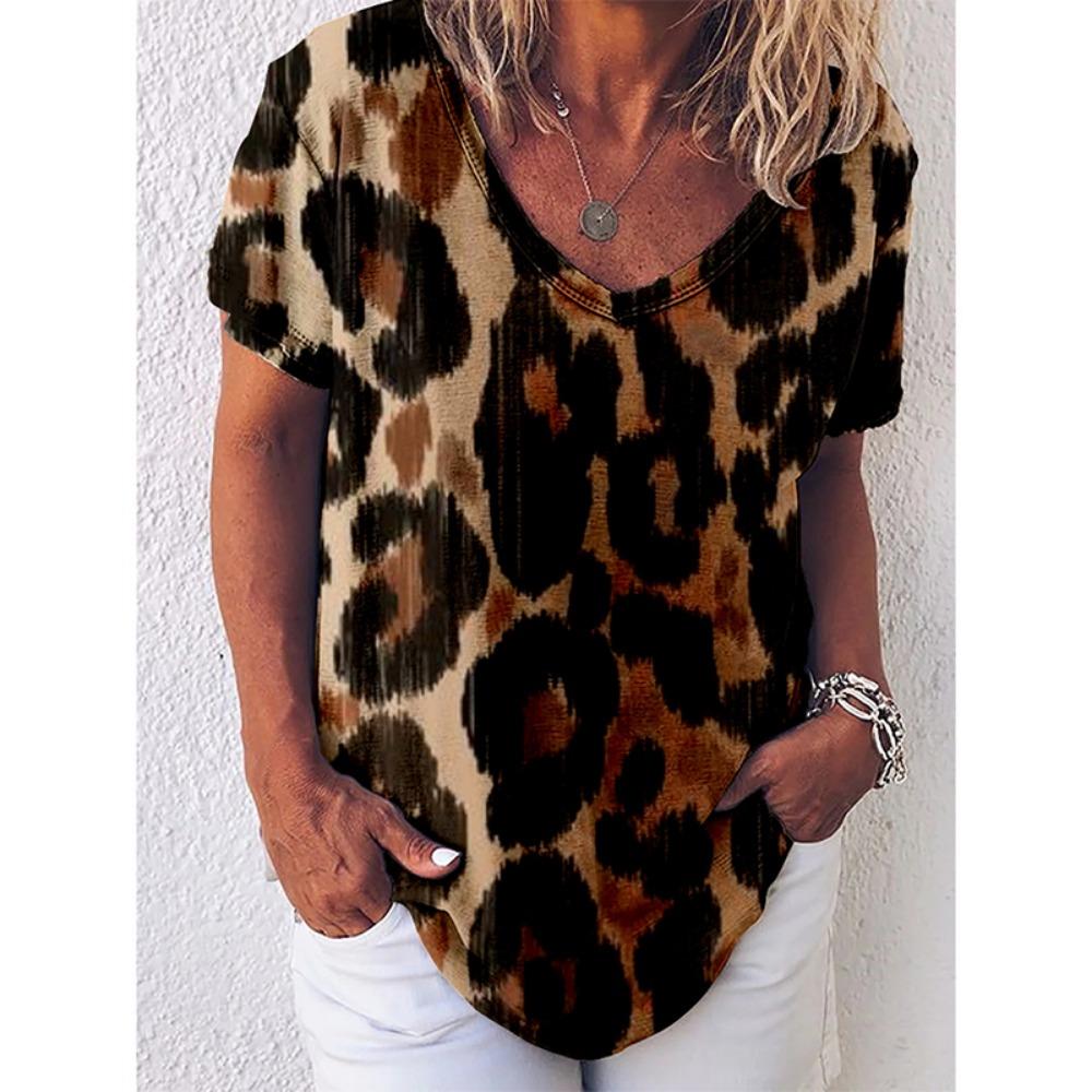 Leopard 3D Print T-shirt for Women Y2k Vintage Tops Harajuku Streetwear V-neck T-shirts Oversized Clothes for Women and Girl