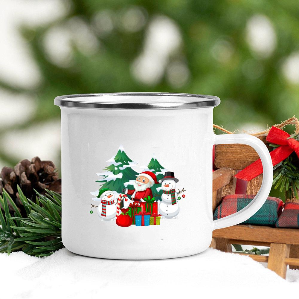 Merry Christmas Tree Snowman Santa Printed Mug Enamel Handle Coffee Cup Banquet Party Drinking Mugs Gift for Family Lover Friend