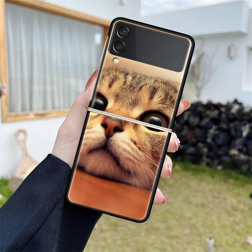 Роскошный чехол для Samsung Galaxy Z Flip 4 3 5G, черный ПК, жесткие чехлы для телефонов, модная задняя крышка ZFlip Funda, милый Aniaml Cat Shell Sac