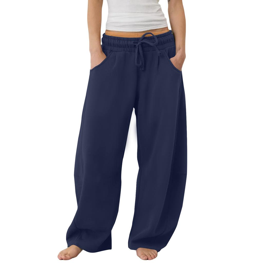 Women's Barrel Leg Sweatpant Drawstring Elastic Waisted Wide Leg Pants Casual Cotton Palazzo Trousers With Pockets