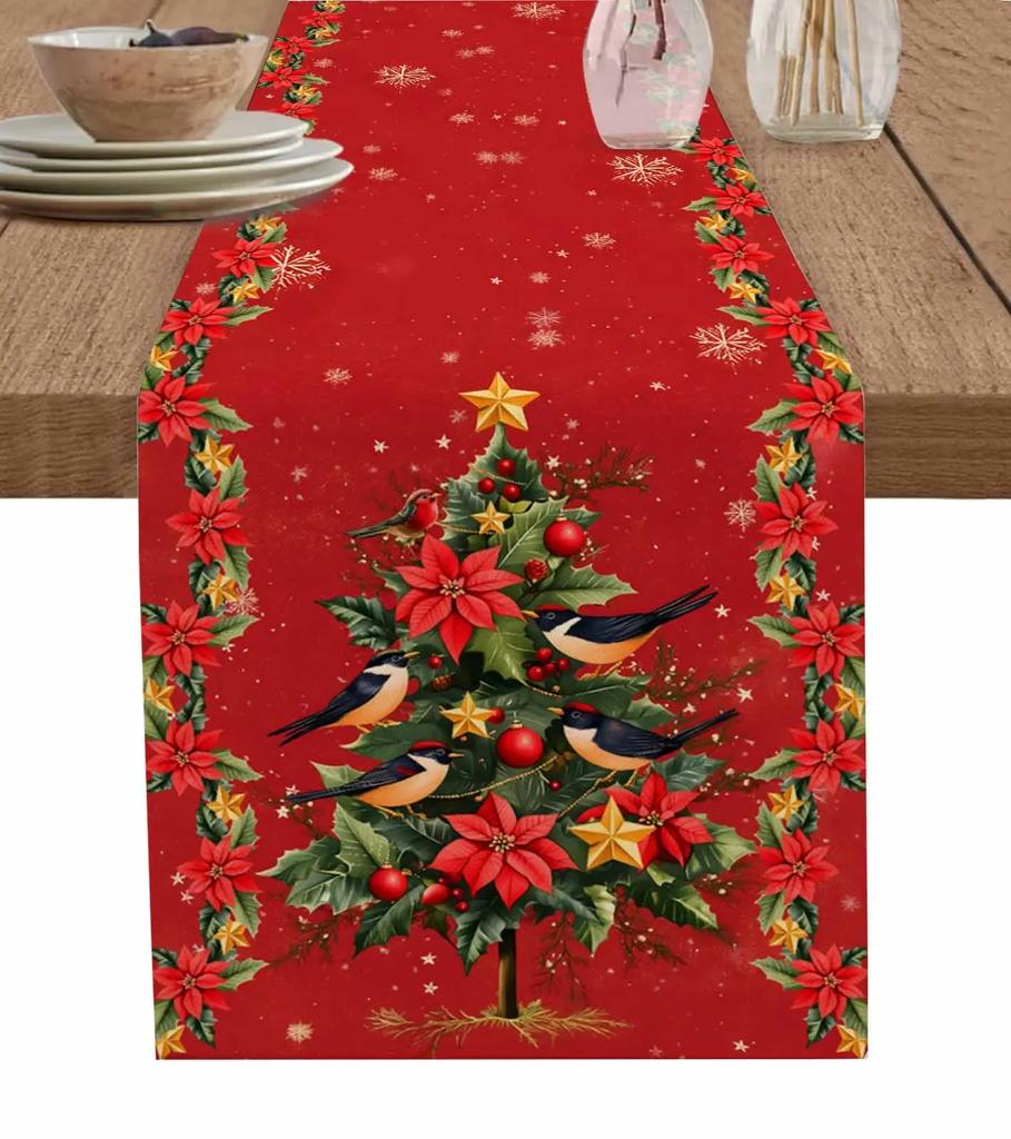 Christmas Silver Fir Leaves Snowflakes Wood Grain Linen Table Runners Kitchen Decoration Table Runner Festival Party Supplies