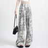 Tie-dye Ink Printing Ice Silk Wide-leg Pants for Women's Summer Thin National Style Disc Buckle High Waist Drape Casual and Versatile