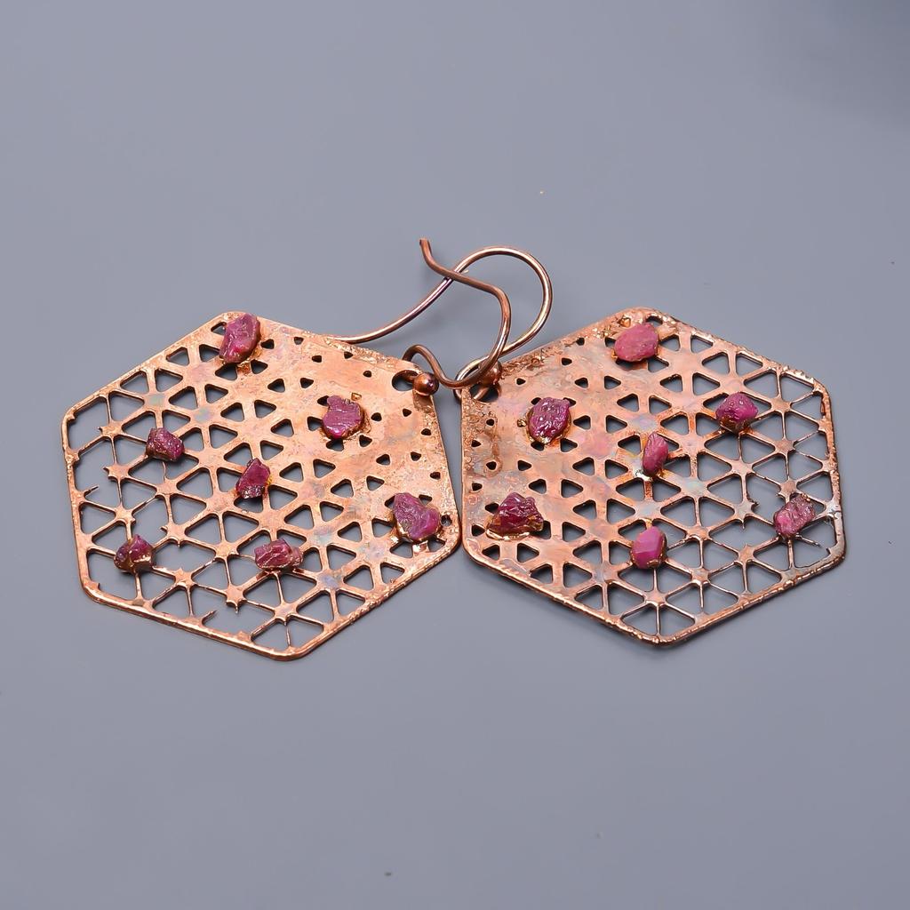 Серьги-подвески из меди с розовым рубином, гальванопластика, подарок для друга, ювелирные изделия V-45