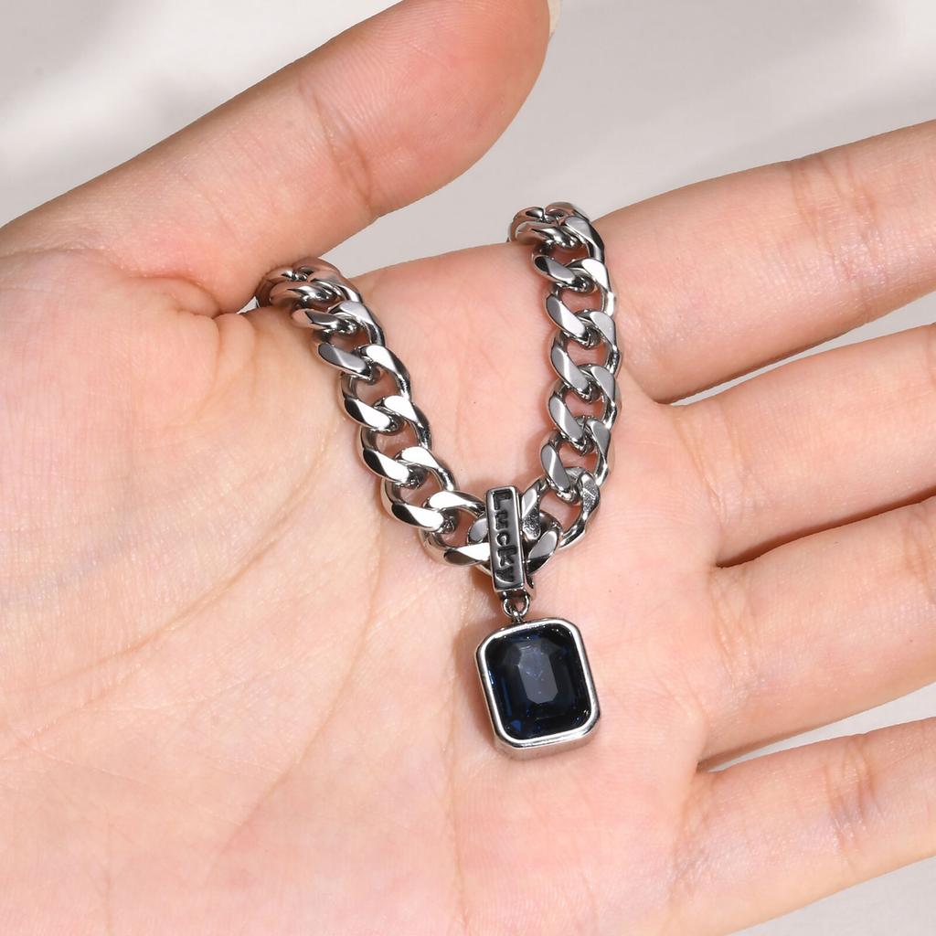 Geometric Square Blue Stone Pendant Necklaces, Stainless Steel Lucky Collar, Unisex Cuban Link Chain Chokers