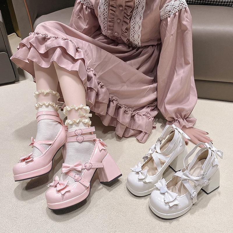 Small Leather Shoes Bow Cute Mary Jane Shoes 2025 New Loli Women Sweet Lace Edge Thick Heel Buckle Leather Shoes