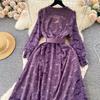 Новые женские фиолетовые кружевные рождественские вечерние платья с v-образным вырезом, винтажное платье до середины икры с длинным рукавом и поясом