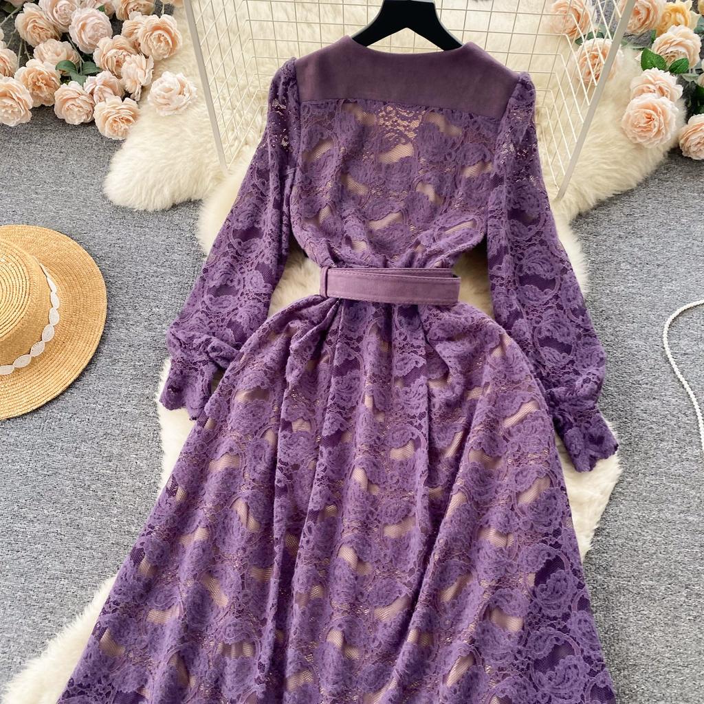 Новые женские фиолетовые кружевные рождественские вечерние платья с v-образным вырезом, винтажное платье до середины икры с длинным рукавом и поясом