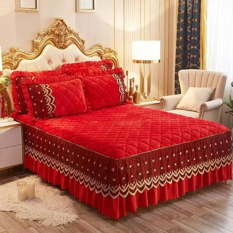 Luxury Winter Fast Warm Velvet Bed Skirt Ultra Soft Thick Flannel Quilted Bed Sheet Non Slip Bed Cover Bedspread King Size