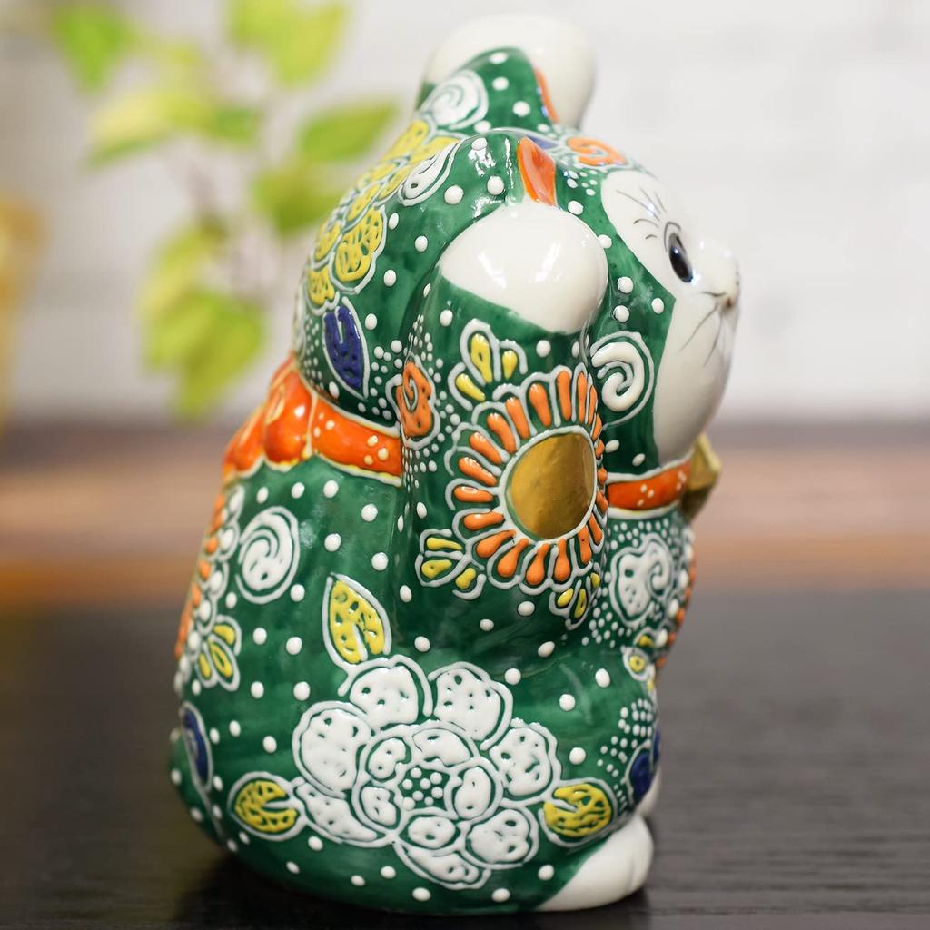 Украшение «Кошка удачи» Кутани Поднятые руки Зеленое блюдо Фэн-шуй Удача Интерьер Керамика Аксессуары в японском стиле