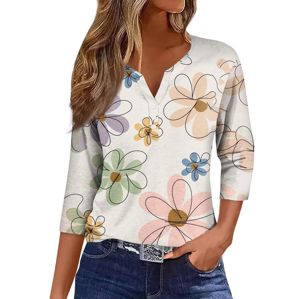 Женская модная повседневная футболка с коротким рукавом и V-образным вырезом, декоративными пуговицами и рукавом три четверти