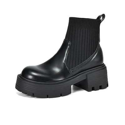 Микрофибра Осенне-зимняя обувь Толстый высокий каблук Толстая подошва Размер 43 Мотоциклетные ботинки Стрейч трикотаж Ботильоны