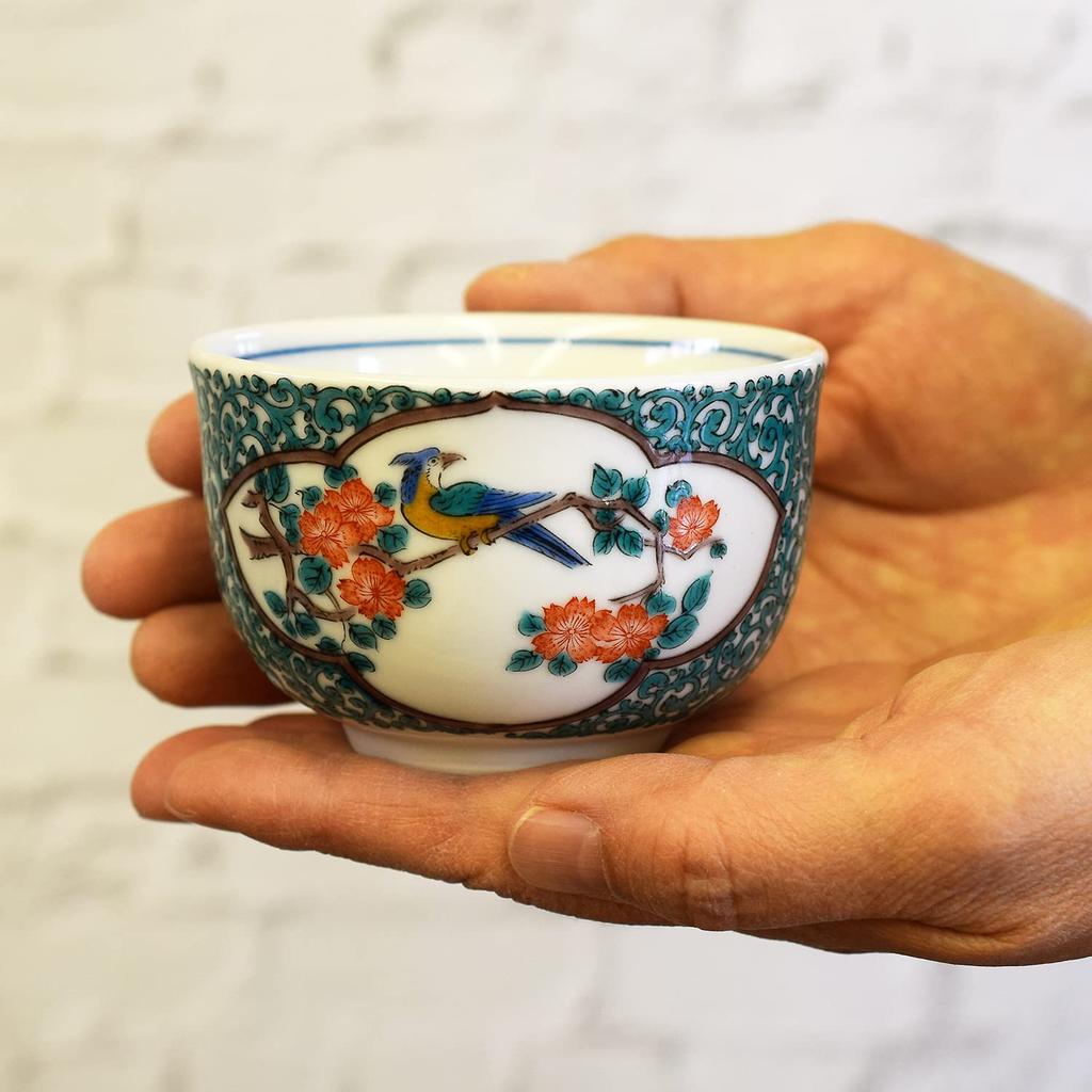 Waza no Kura Stylish Kutani Ware Set of Green Arabesque Flower and Bird Perfect for Grand and Guest Teacups, 5, Design, Housewarming, Opening,