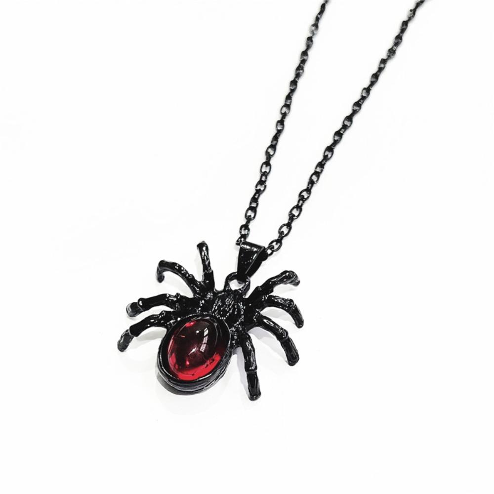 Gothic Punk Sliver Simulation Spider Insect Red Oval Crystal Pendant Necklace for Women Men Hallowmas Jewelry Accessories
