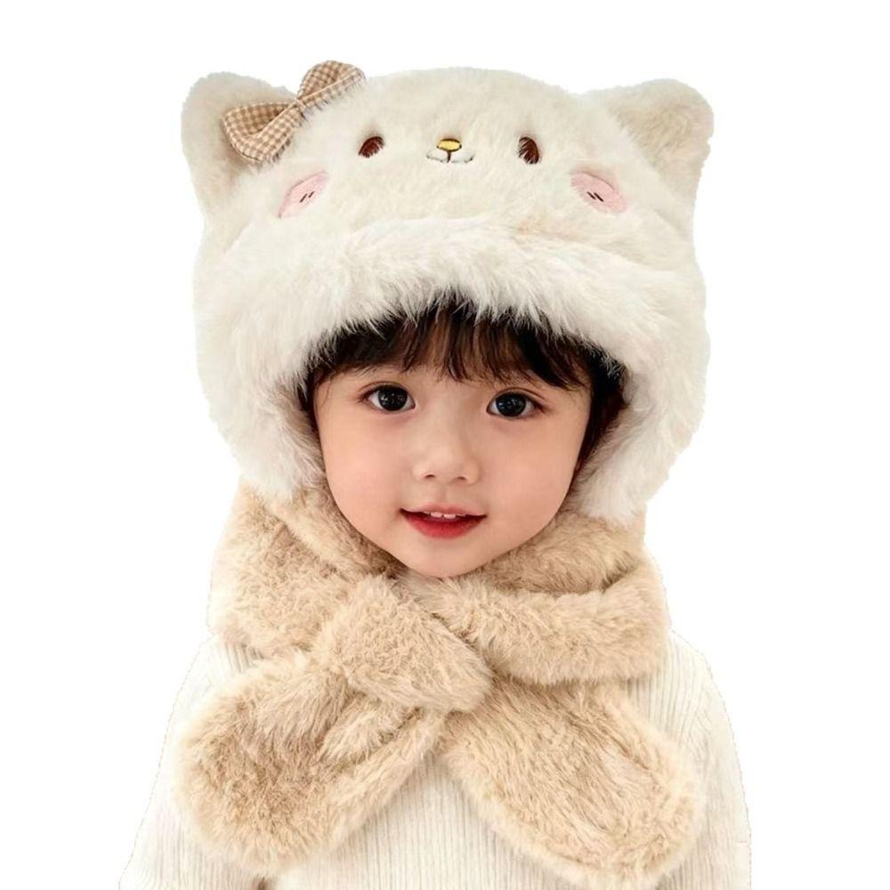 2/3Piece Set Neck Protection Feature Cat Plush Hat Scarf Set Kids Plush Hat Set Daily Wear