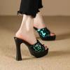 Black Thick Sole Slippers Women 11cm Thin High Heels Bling Sequined Transparent Crystal Platform Sandals 2024 Summer Woman Shoes
