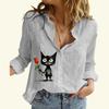 Женская мода хлопок льняная рубашка с принтом кота топ с длинным рукавом женская повседневная блузка на пуговицах