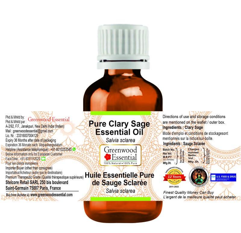 Greenwood Essential Clary Sage Essential Oil (Salvia sclarea) Pure | Non-Sticky | Non-greasy | Lightweight | Men & Women | All Skin Types | Steam