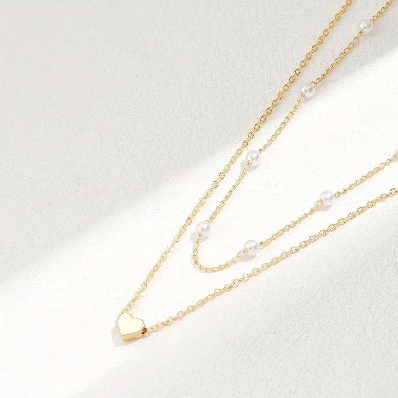 1pcs Imitation Pearl Heart Pendant Necklace, Retro Double-Layer Layered Design, Women'S Versatile Temperament Collarbone Chain