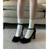 Fashion Women Sexy Black Ankle Strap High Heels Autumn Woman Flock Round Toe Pumps Female Suede Buckle Fashion Shallow Pumps