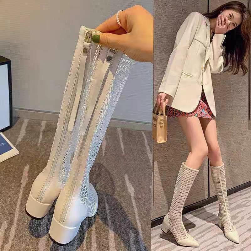 Fashion Women's Summer Boots 2025 Thick Heel Mesh Boots Pointed Mid-heel High Boots New Gladiator Zipper Breathable Long Sandals