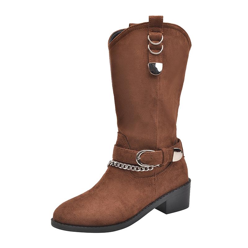Модные женские сапоги для верховой езды с металлической цепочкой и толстым каблуком, осенне-зимние сапоги из искусственной кожи до середины голени, женские модные мотоциклетные сапоги с пряжкой и ремешком