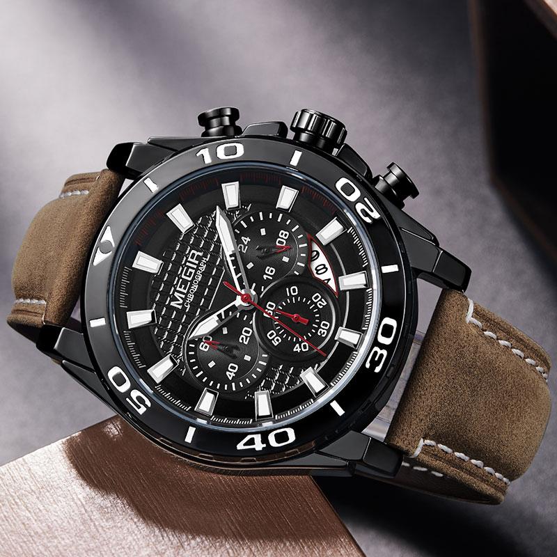 Men's Army Sports Chronograph Quartz Watches Leather Strap Luminous Waterproof Wristwatch Man Relogios Clock 2094 Silver