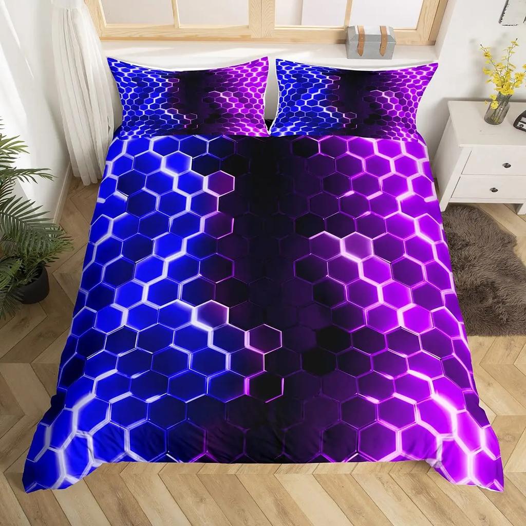 Blue Purple Honeycomb Duvet Cover Fluorescent Geometric Honeycomb Bedding Set Beehive Hexagon Comforter Cover for Boys Girls