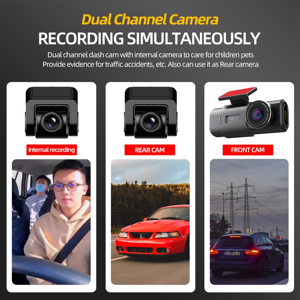 E-ACE Мини-видеорегистратор 4K, GPS, Wi-Fi, 24 часа, двойной объектив для парковки, камера заднего вида 1080P, черный ящик ночного видения для автомобиля