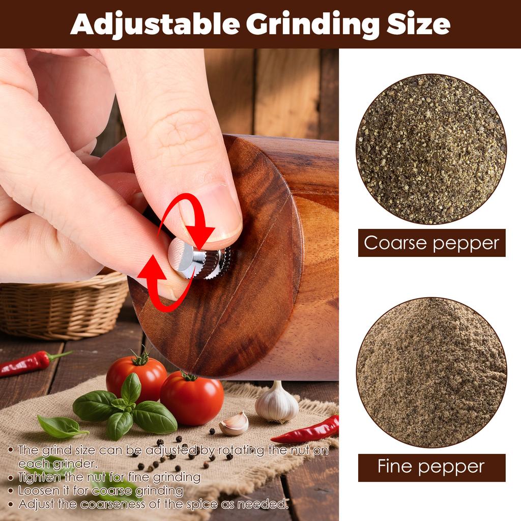 2Pcs Wooden Salt Mill Shaker Ergonomic Adjustable Coarseness Manual Pepper Grinder for Peppercorn Chili Flake Dried Herb