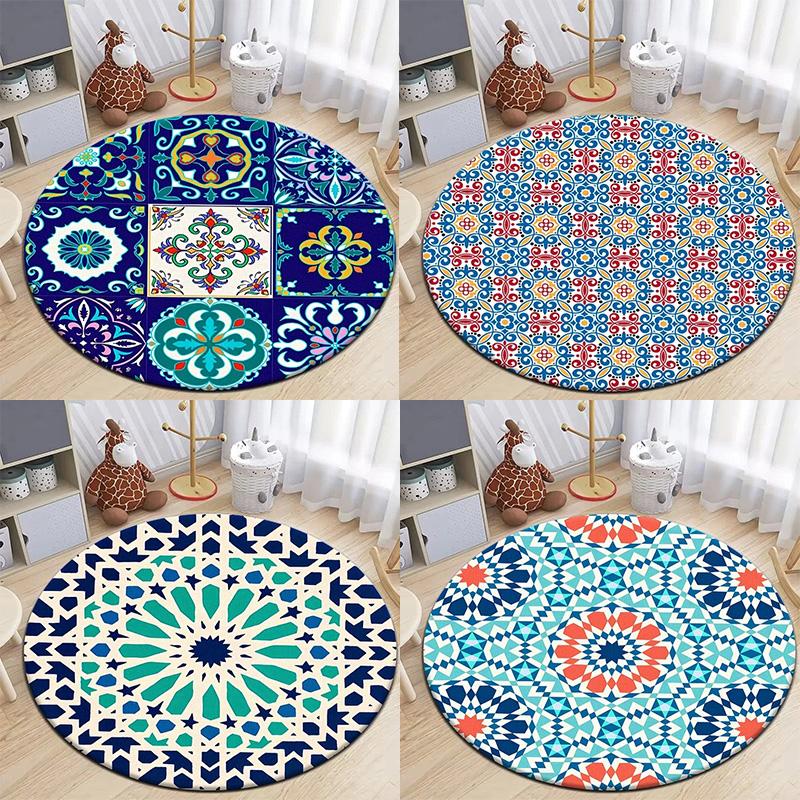 Moroccan Style Print Round Living Room Area Rug Camping Picnic Mat Non-Slip Yoga Door Floor Mat
