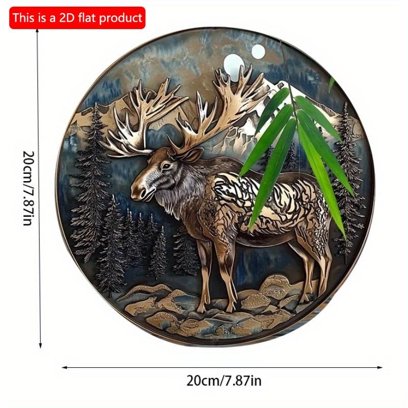 2d Flat 20*20cm, Majestic Moose and Nature Scene, Round Wooden Wall Art, Outdoor Decor, Wooden Wall Sign, for Home, Kitchen, Bedroom, Bar.