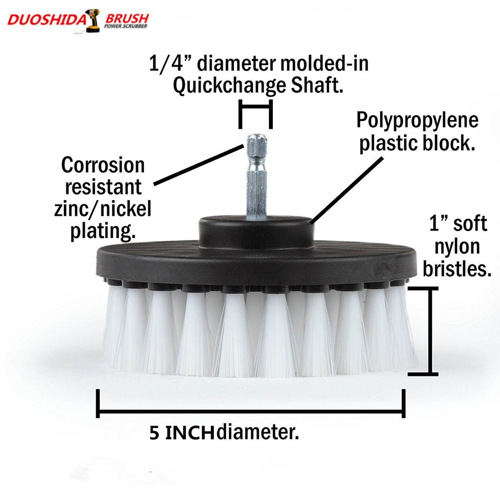 5 Inch Soft White Nylon Drill Brush with Quick Change Shaft Scratch Free Scrubbing for Fiberglass Tubs Boat Seats Car Carpets Upholstery
