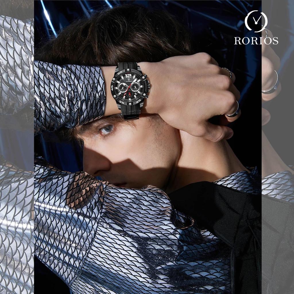 RORIOS Кварцевые Дневные Светящиеся Идеально для Бизнеса или Дня или Рождества Черный Серебристый Мужские Часы, Многофункциональные, Отображение, Отображение, Легкие,