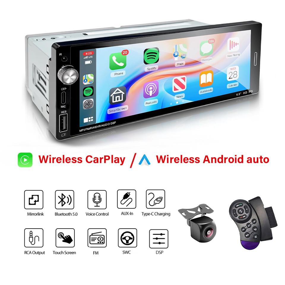 1DIN 6.9'' CarPlay Android Auto Беспроводная/Проводная Универсальная Автомагнитола MP3 MP5 Мультимедиа FM Стерео 1 DIN USB TYPE-C Быстрая Зарядка