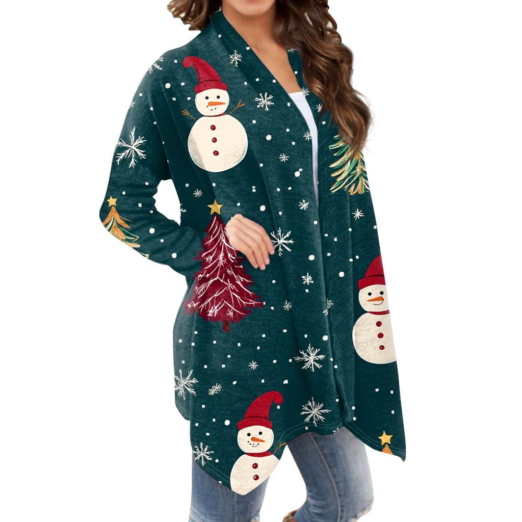 Women's Fashion Casual Christmas Print Medium Length Cardigan Jacket Coat