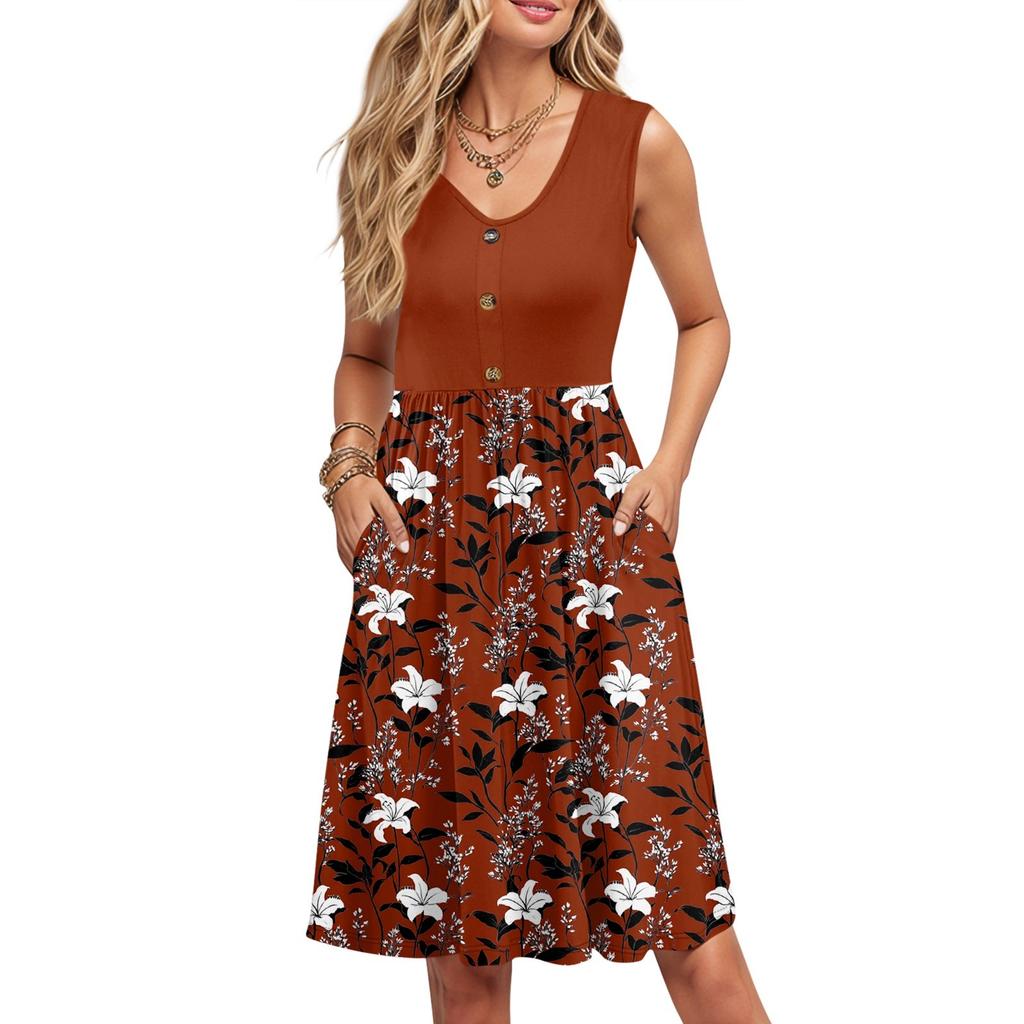 Женские летние платья с принтом, без рукавов, повседневные, свободные, расклешенные, на пуговицах, миди-сарафан с карманами