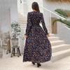 Women Floral Print V-neck Long Sleeve A-Line Dress Spring Summer Casual Elastic High Waist Ankle-Length Dresses