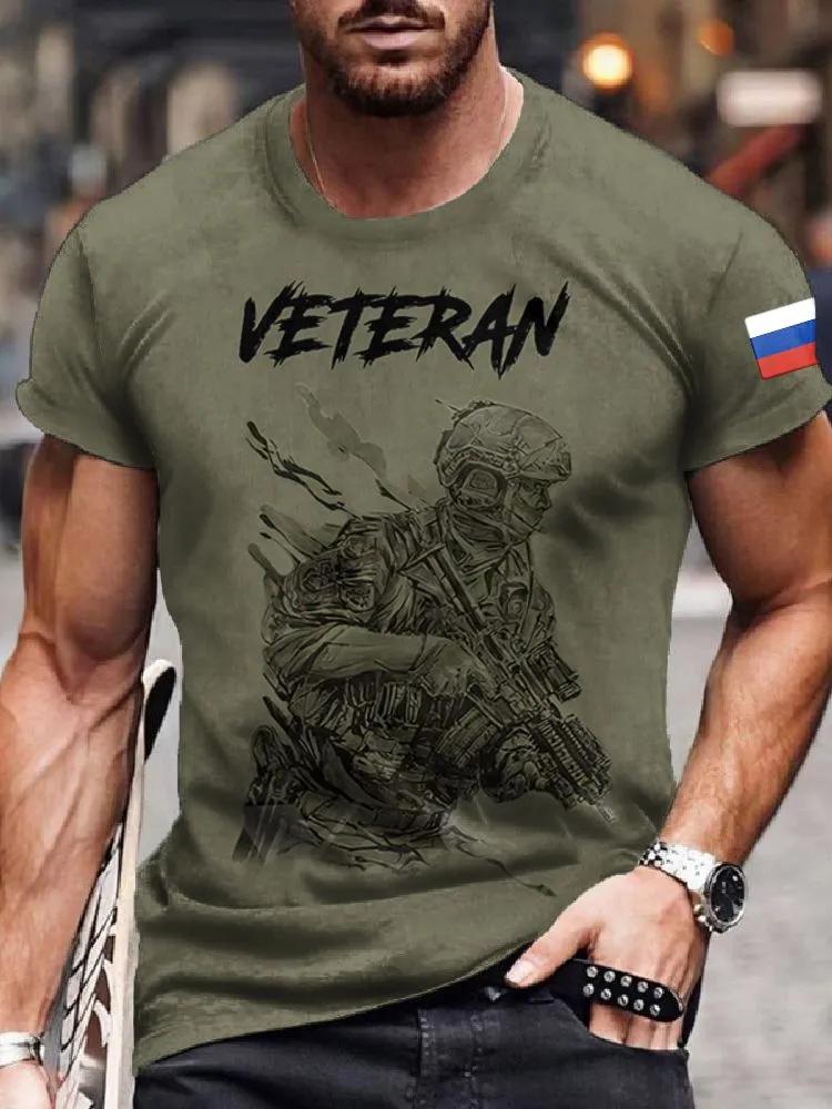 Мужская оливково-зеленая футболка ветерана с российским флагом, тактический принт солдата, патриотическая военная с круглым вырезом, с коротким рукавом для мужчин