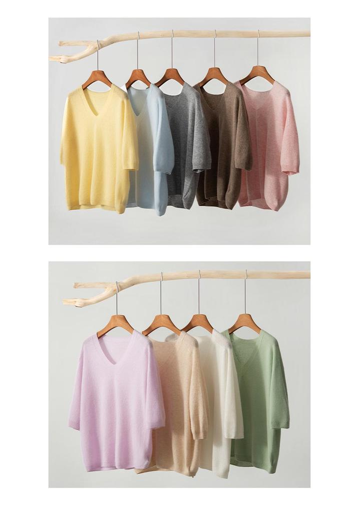 Pure Cashmere Women's Seamless V-Neck Short Sleeve Knit Top