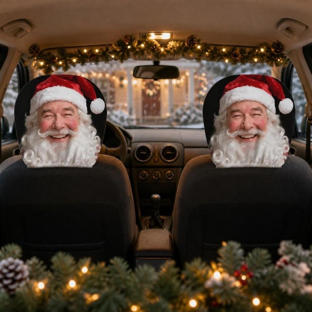 2Pcs Cartoon Seat Headrest Protectors Santa Claus Christmas Car Pillowcase Gift for Car Lover