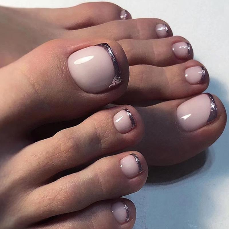 Explosive simple French foot manicure burgundy glitter fashionable versatile girl ins wind foot nail piece
