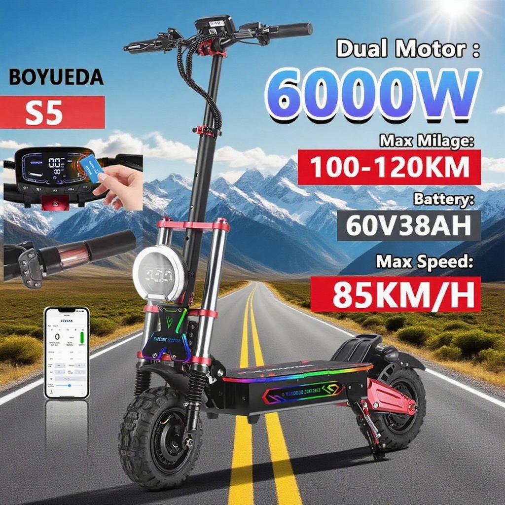BOYUEDA S5 E-Scooter 6000W Dual Motor 60V38Ah NFC Activation Electric Scooter 11"off-road Tire Intelligent APP Control EScooters
