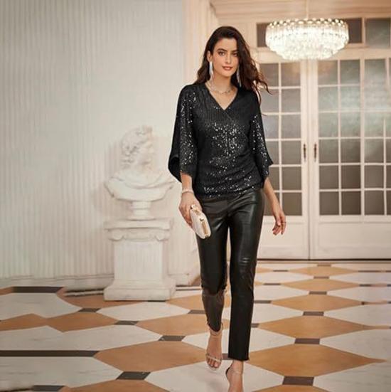 Women's Spring and Autumn Fashion Sequin Hipped Trumpet Sleeve V-neck Slim Party Pullover Top