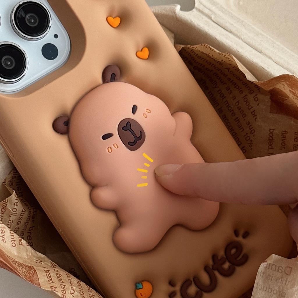 3D Мультяшная Капибара Мягкий Силиконовый Чехол для Телефона iPhone 16 15 14 13 12 Pro Max 16pro Ударопрочный Чехол с Ремешком на Запястье