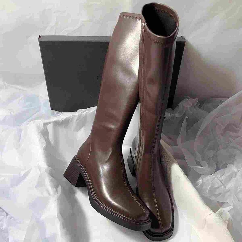 Vintage Thick Heel Women Knee High Boots Fashion Side Zippers Shoes Autumn Winter Ladies Concise Long Botas De Mujer