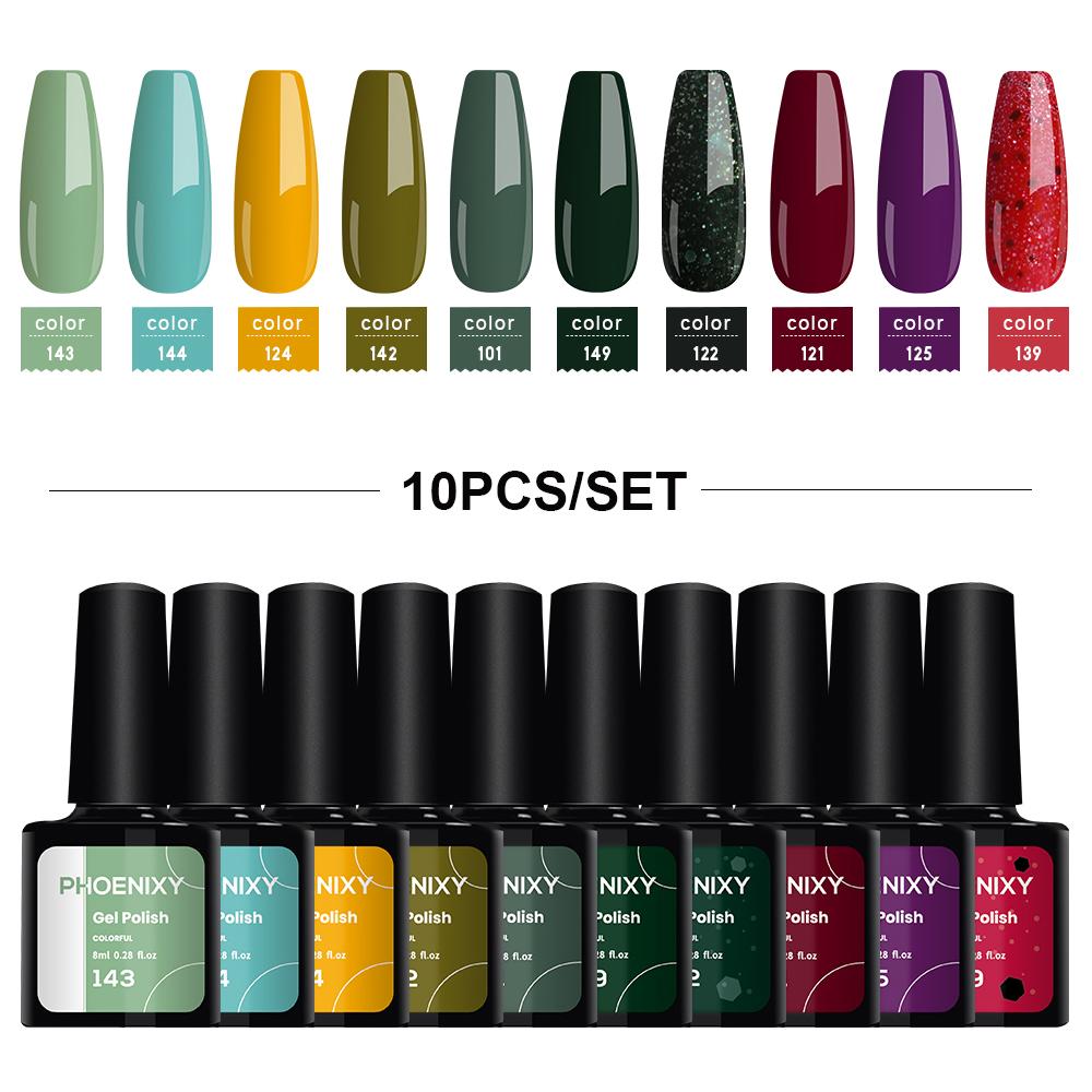 Гель-лак для ногтей PHOENIXY, 10 цветов, замачиваемый УФ-гель для ногтей, стартовый набор для дизайна ногтей, набор блестящих лаков для DIY, дома, гель для маникюра