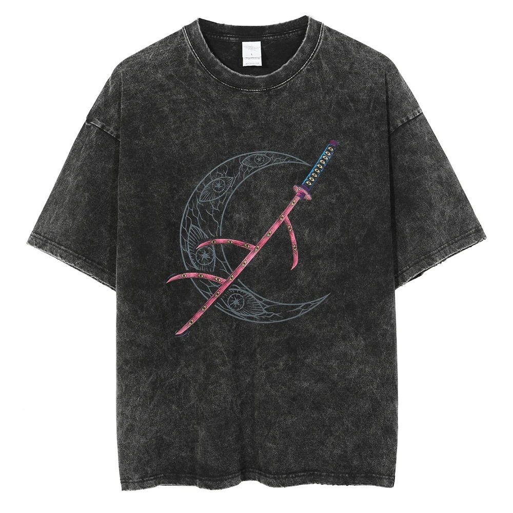 Ghost Annihilation Blade Pink Sun Wheel Knife Short Sleeve Tshirt For Men And Women Retro Washed Vintage Black Loose