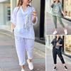 2 Pcs/Set Women Top Pants Set V Neck Printed Long Sleeve with Cufflink Loose T-shirt Wide Leg Trousers Casual Set
