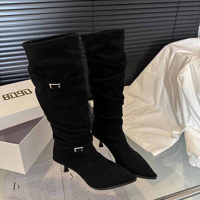 Fashion Boots Pointed Thin Heel Belt Buckle Pleated Heap Boots Women's 2025 Autumn New Temperament Thin High Heel Boots