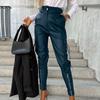 Women Pants Smooth Faux Leather Zipper Decor Slim Fit High Waist Zipper Button Closure Multi Pockets Solid Color Pencil Pants Long Trousers